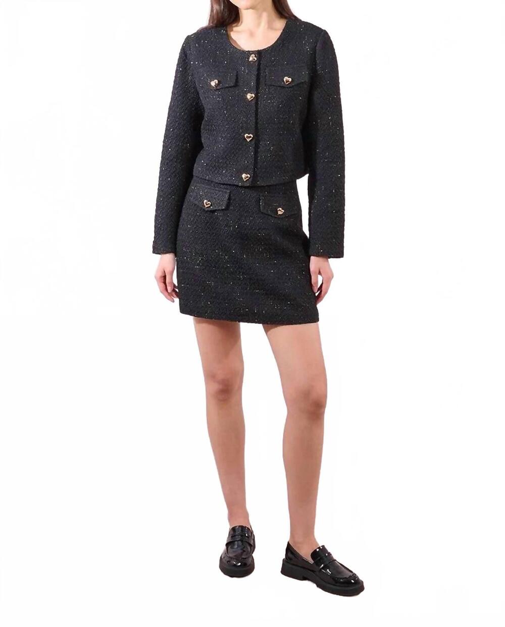 NEW MOLLY BRACKEN woven tweed jacket with heart buttons in black gold